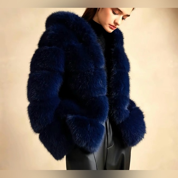 Women’s Blue Soft Faux Fur Hooded Jacket NEW XL X Large - Picture 5 of 9